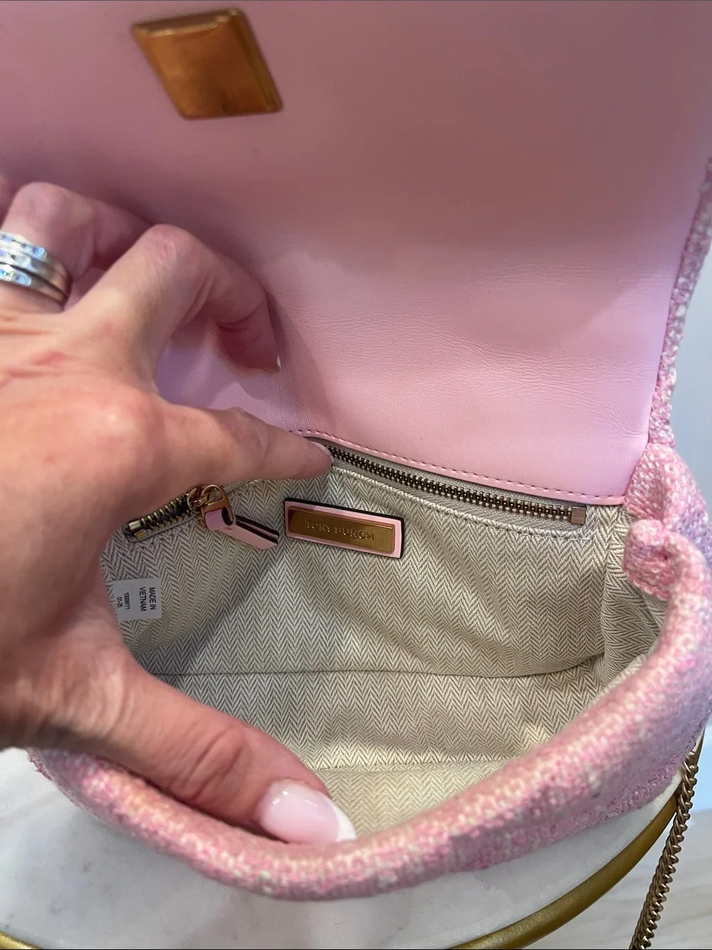 Tory Burch Quilted Tweed Mini Top Handle with Crossbody in Pink